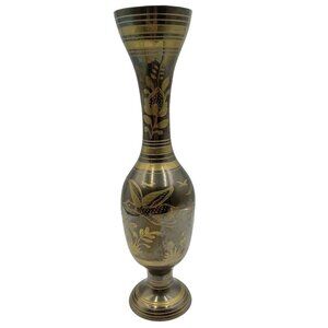 Solid Brass Tall Vase With Intricate Floral & Bird Design Made In India